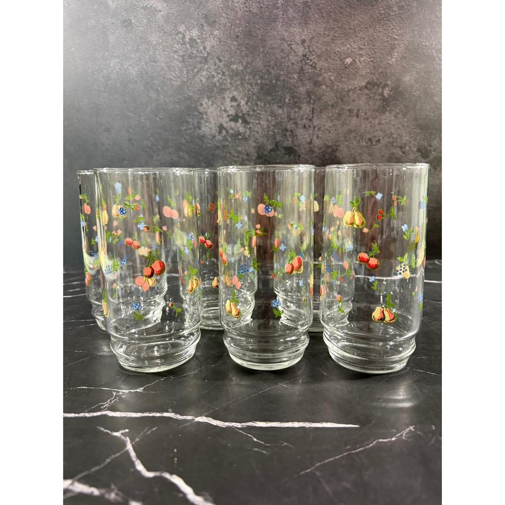 Vintage Set of 6 Fruit Motif Iced Tea Glasses Tumblers 5.75in Tall